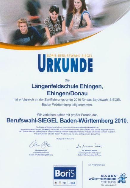 Urkunde Berufswahl - SIEGEL Baden-Württemberg 2010